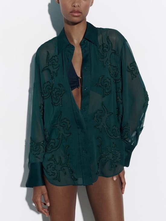 Zara Tops - Zara Emerald Green Sheer Beaded Button-Down Shirt